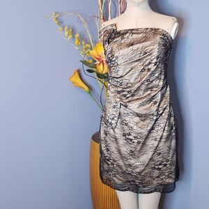ABS by Allen Schwartz Black Strapless Lace Cover Nude Side Draping Size 6 NWT